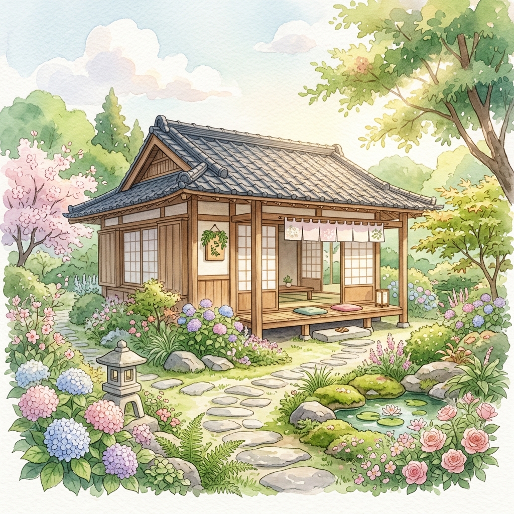 緑に囲まれた温かみのある平屋のイメージ